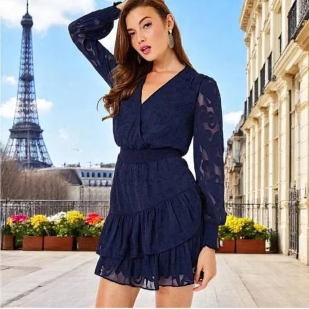 Lilly Pulitzer Cristiana Long Sleeve Dress Navy Smocked Ruffled Faux Wrap Sz 00